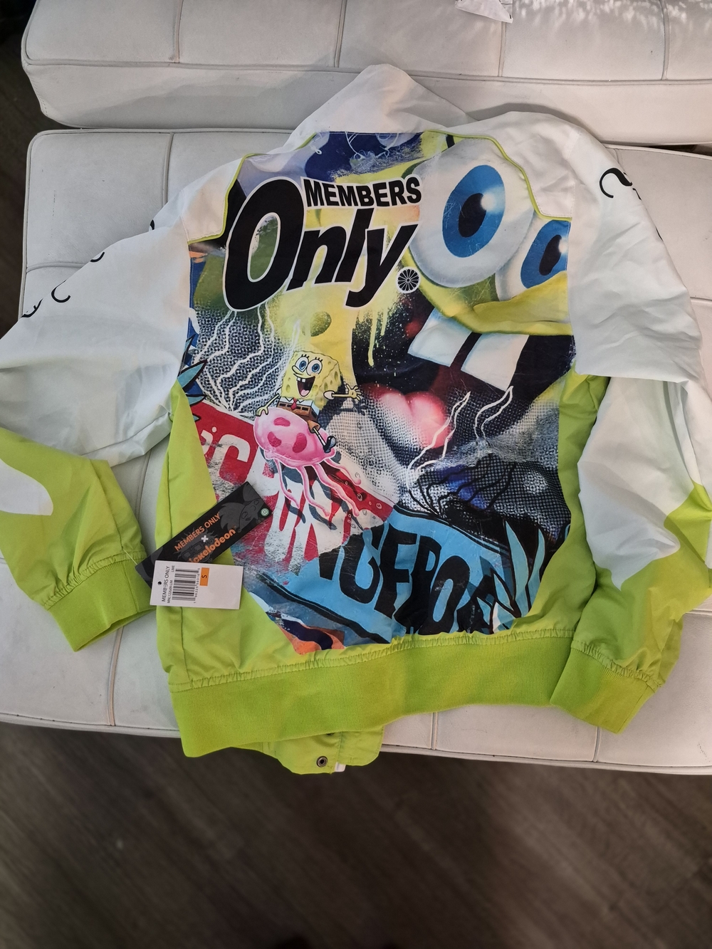 Members Only White and Neon Lime SpongeBob Graphic Jacket